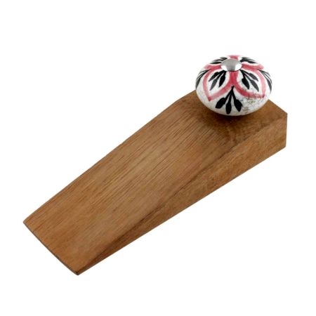 Black Pink Floral Crackle Ceramic Wooden Door Stopper